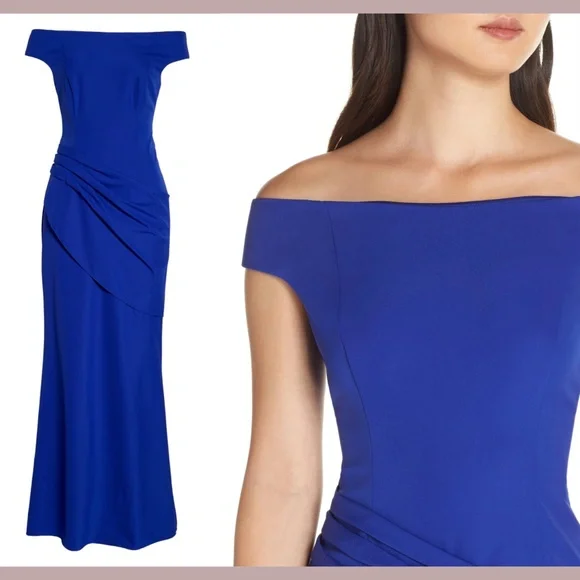 NEW ELIZA J [SZ 12 ] Draped Off‎ The Shoulder Gown In Cobalt - Picture 2 of 12